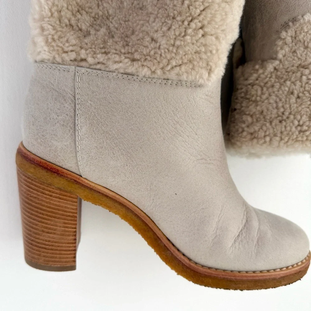 CHANEL | Beige Shearling Fur Suede Ankle Boots Heeled Booties CC Logo 37.5